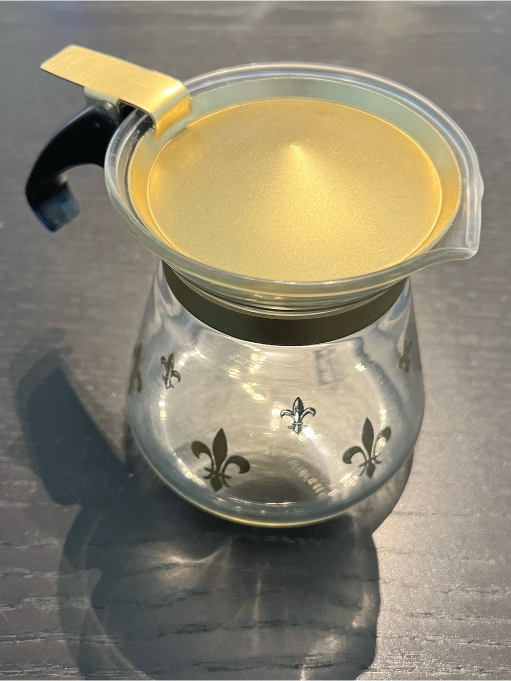 Vintage Glass Coffee Pourer with Gold Lid and Black Handle